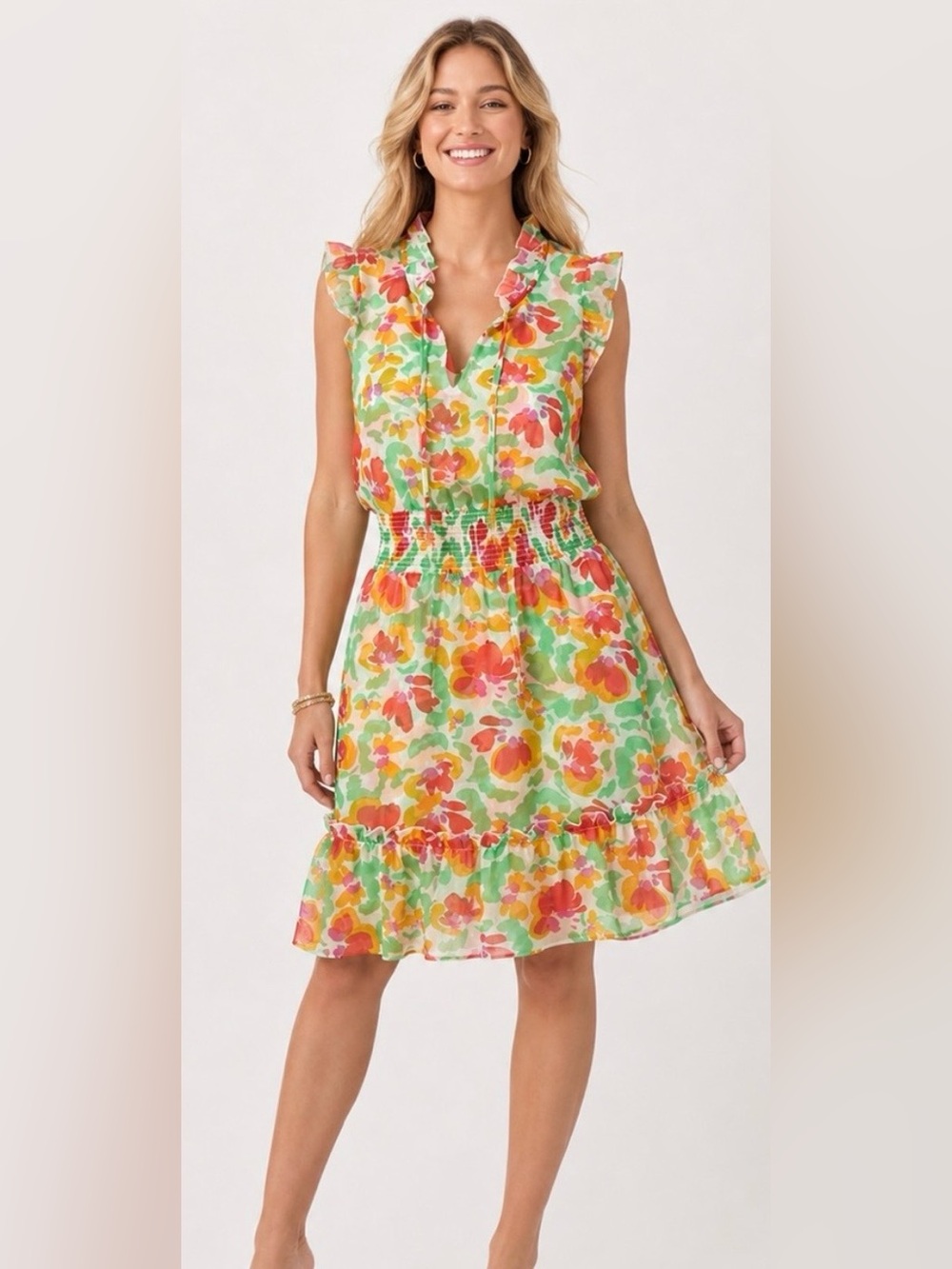 CABI Spirit Watercolor Floral Ruffle Trim Smocked Waist Dress Style 6216. Size L
